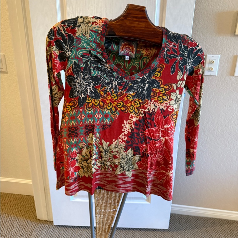 Johnny Was Red Floral Long Sleeve Top